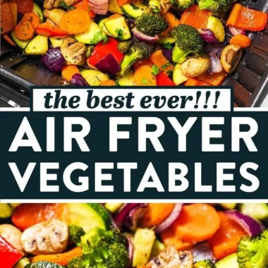 A variety of colorful air fryer vegetables cooked to perfection.