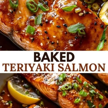 Baked teriyaki salmon with vibrant garnishes on a white plate