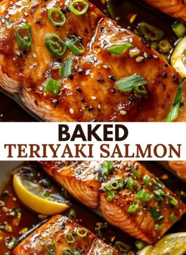 Baked teriyaki salmon with vibrant garnishes on a white plate