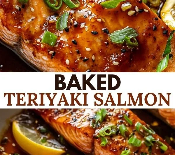 Baked teriyaki salmon with vibrant garnishes on a white plate