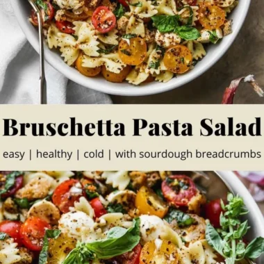 Bruschetta Pasta Salad with Mini Mozzarella Balls garnished with fresh basil.