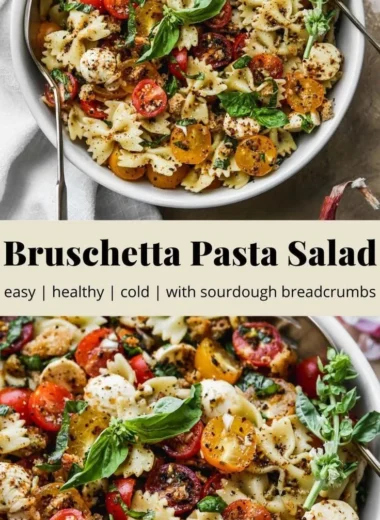 Bruschetta Pasta Salad with Mini Mozzarella Balls garnished with fresh basil.