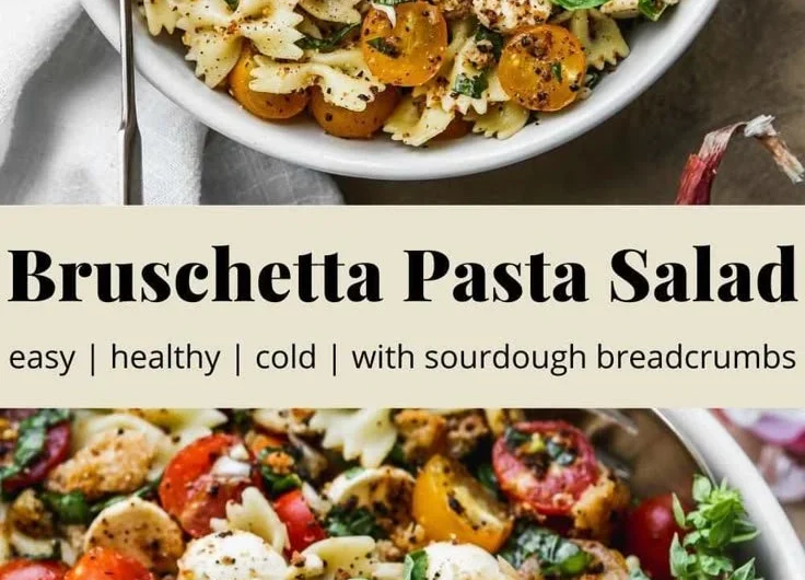 Bruschetta Pasta Salad with Mini Mozzarella Balls garnished with fresh basil.