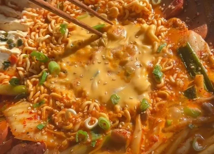Budae Jjigae, traditional Korean army stew with noodles, sausage, and vegetables.