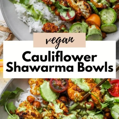 Colorful Cauliflower Shawarma Bowl topped with fresh vegetables and sauce