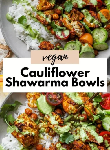 Colorful Cauliflower Shawarma Bowl topped with fresh vegetables and sauce