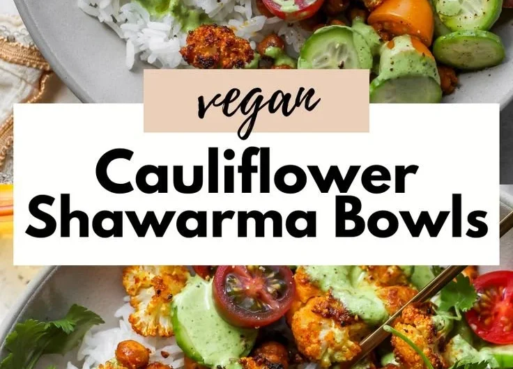 Colorful Cauliflower Shawarma Bowl topped with fresh vegetables and sauce