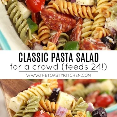 Bowl of colorful Classic Pasta Salad with fresh vegetables and dressing
