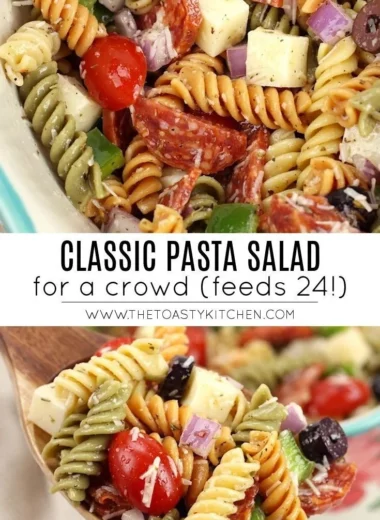 Bowl of colorful Classic Pasta Salad with fresh vegetables and dressing
