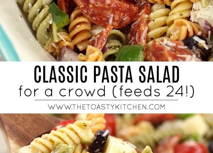 Bowl of colorful Classic Pasta Salad with fresh vegetables and dressing