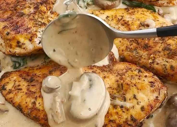 Creamy mushroom chicken dish served on a plate with herbs and spices.