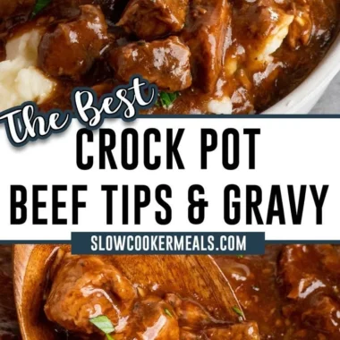 Delicious Crock Pot beef tips and gravy served in a bowl