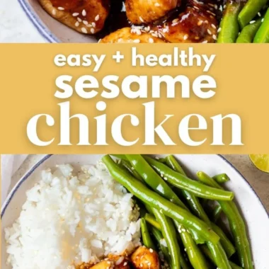 Plate of easy healthy sesame chicken with vegetables and sesame seeds.