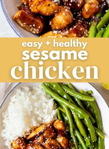 Plate of easy healthy sesame chicken with vegetables and sesame seeds.