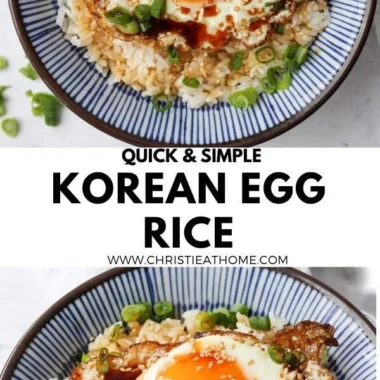 Korean Gyeran Bap - Egg rice dish garnished with green onions and seaweed.