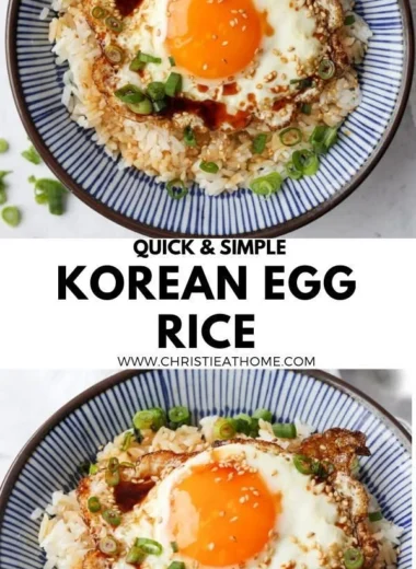 Korean Gyeran Bap - Egg rice dish garnished with green onions and seaweed.