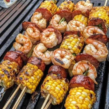 Delicious grilled seafood skewers with shrimp, fish, and vegetables on a BBQ grill