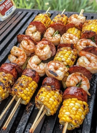 Delicious grilled seafood skewers with shrimp, fish, and vegetables on a BBQ grill