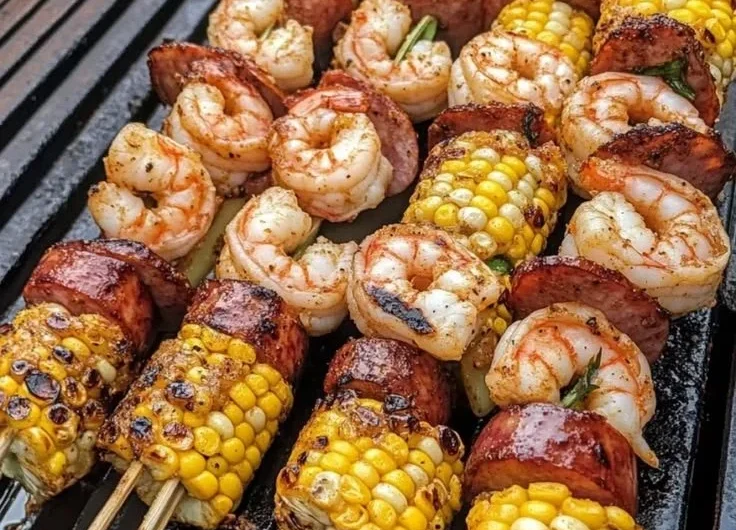 Delicious grilled seafood skewers with shrimp, fish, and vegetables on a BBQ grill