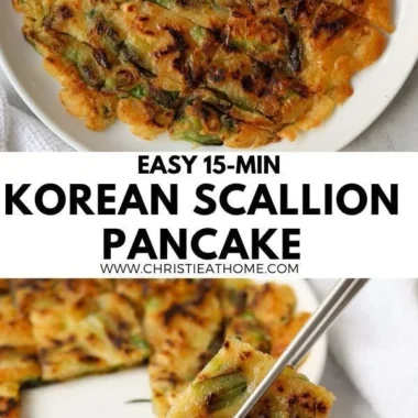 Korean scallion pancake served with dipping sauce on a wooden table.