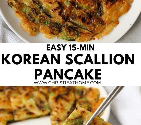 Korean scallion pancake served with dipping sauce on a wooden table.