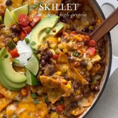 One-Pan Beef Enchilada Skillet topped with cheese and cilantro