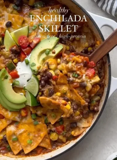 One-Pan Beef Enchilada Skillet topped with cheese and cilantro