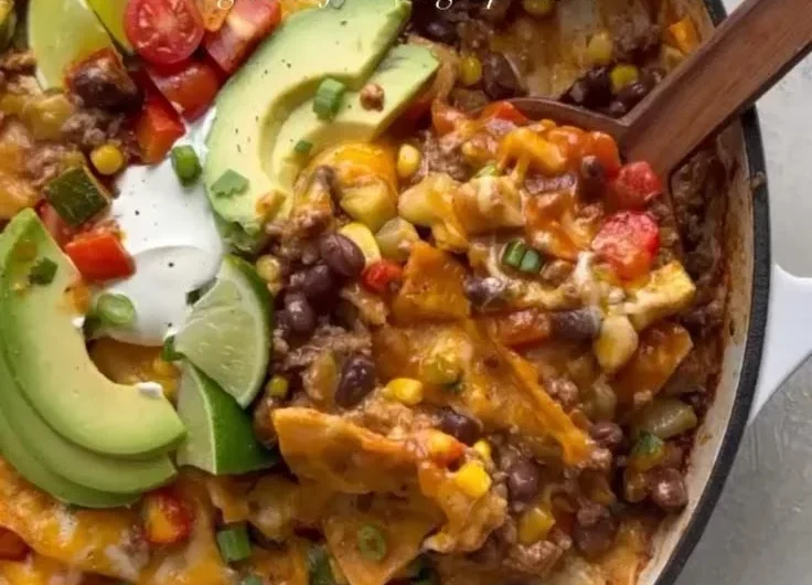 One-Pan Beef Enchilada Skillet topped with cheese and cilantro