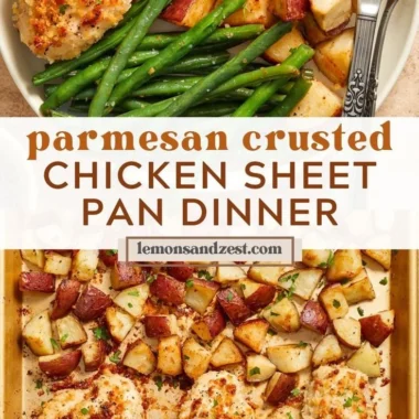 Delicious Parmesan Crusted Chicken served with vegetables on a sheet pan