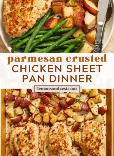 Delicious Parmesan Crusted Chicken served with vegetables on a sheet pan