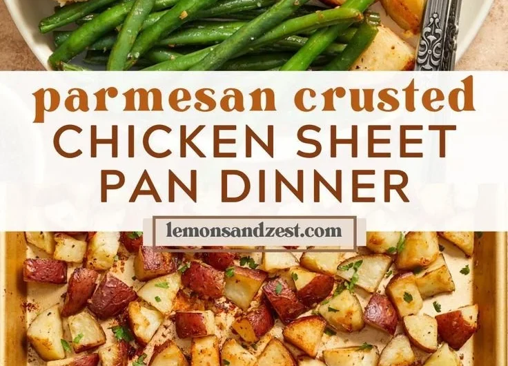 Delicious Parmesan Crusted Chicken served with vegetables on a sheet pan