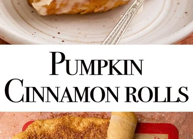 Freshly baked pumpkin cinnamon rolls with cream cheese icing