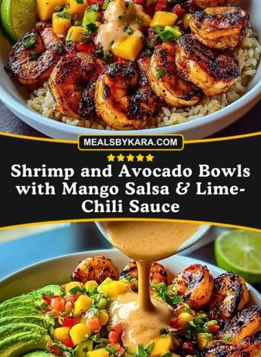 Delicious shrimp avocado bowls with mango salsa and lime-chili sauce