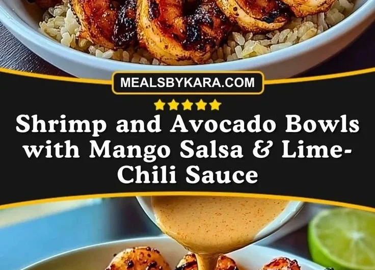 Delicious shrimp avocado bowls with mango salsa and lime-chili sauce