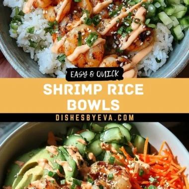 Shrimp rice bowls topped with spicy mayo, served in a vibrant bowl