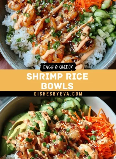 Shrimp rice bowls topped with spicy mayo, served in a vibrant bowl