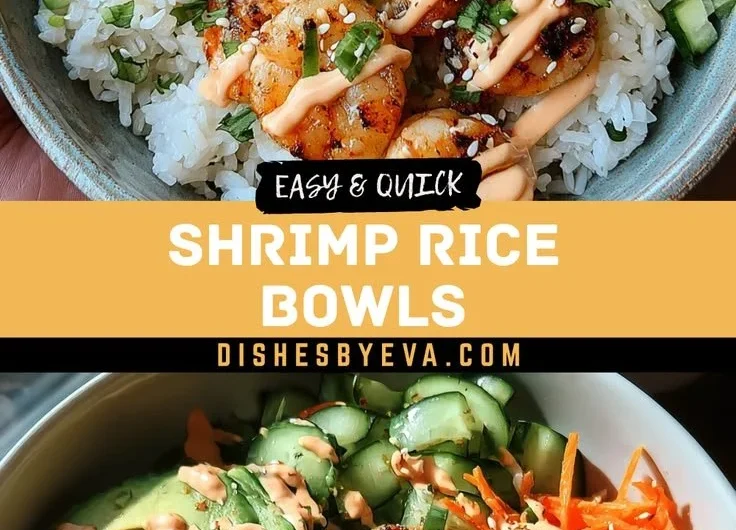 Shrimp rice bowls topped with spicy mayo, served in a vibrant bowl
