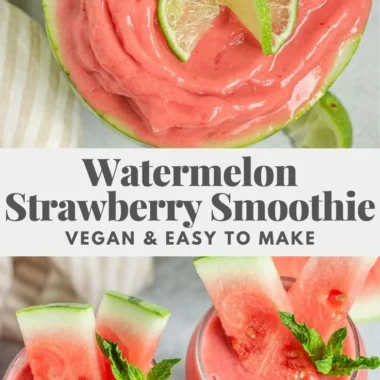 Delicious watermelon smoothie in a glass with mint leaves and watermelon slice