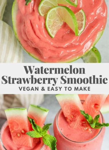 Delicious watermelon smoothie in a glass with mint leaves and watermelon slice