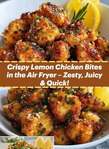 Zesty air fryer lemon chicken bites served on a plate garnished with lemon slices