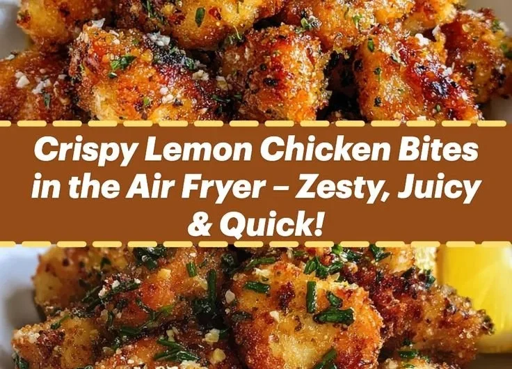 Zesty air fryer lemon chicken bites served on a plate garnished with lemon slices