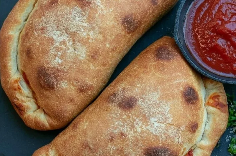 Homemade air fryer calzones filled with cheese and pepperoni on a wooden table.
