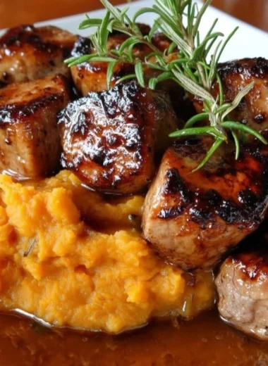 Delicious Apple Cider Pork served with mashed sweet potatoes
