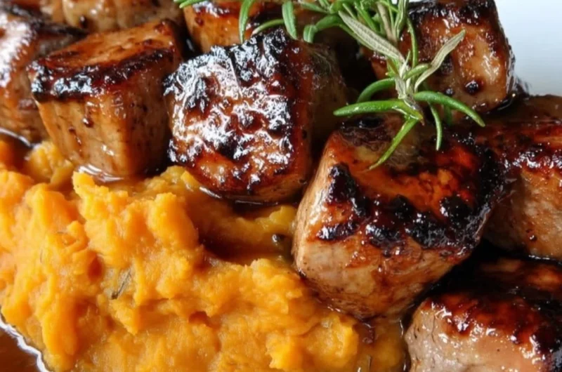 Delicious Apple Cider Pork served with mashed sweet potatoes