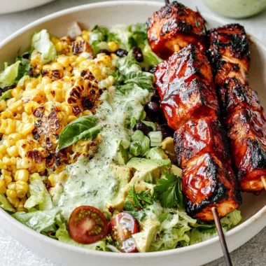 BBQ chicken skewer salad with vibrant vegetables and dressing