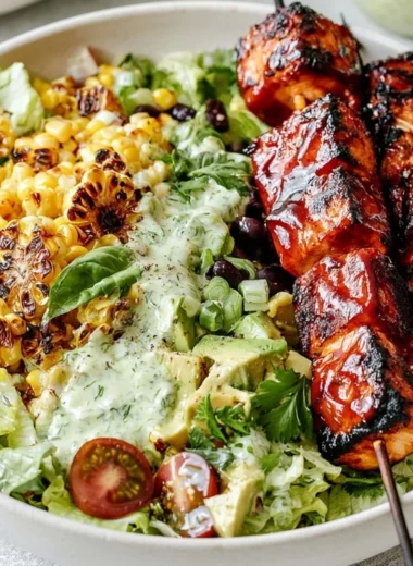 BBQ chicken skewer salad with vibrant vegetables and dressing