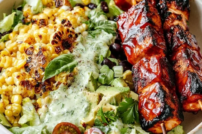 BBQ chicken skewer salad with vibrant vegetables and dressing