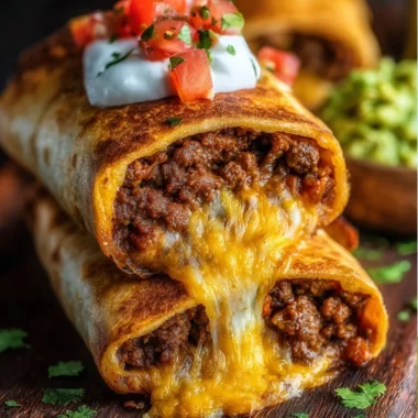 Delicious Beef and Cheese Chimichangas served with salsa and guacamole.