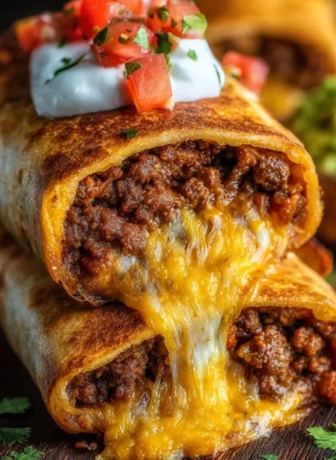 Delicious Beef and Cheese Chimichangas served with salsa and guacamole.