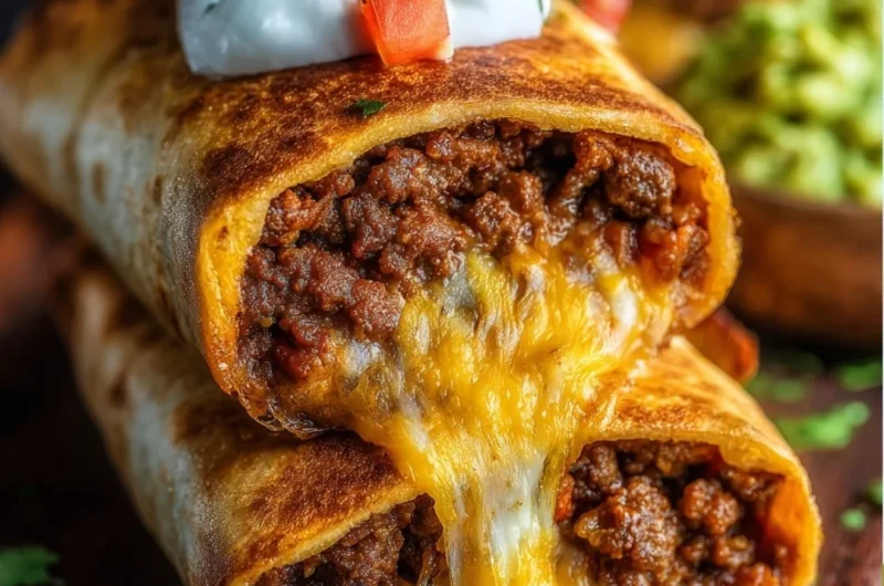 Delicious Beef and Cheese Chimichangas served with salsa and guacamole.